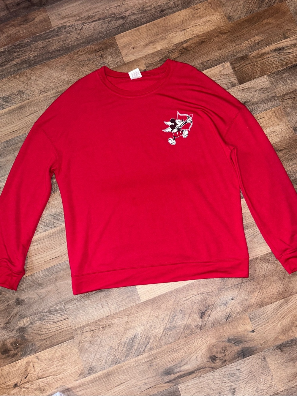 Disney Red Crewneck Sweater with Small Mickey Graphic - Women’s Sweatshirt Light